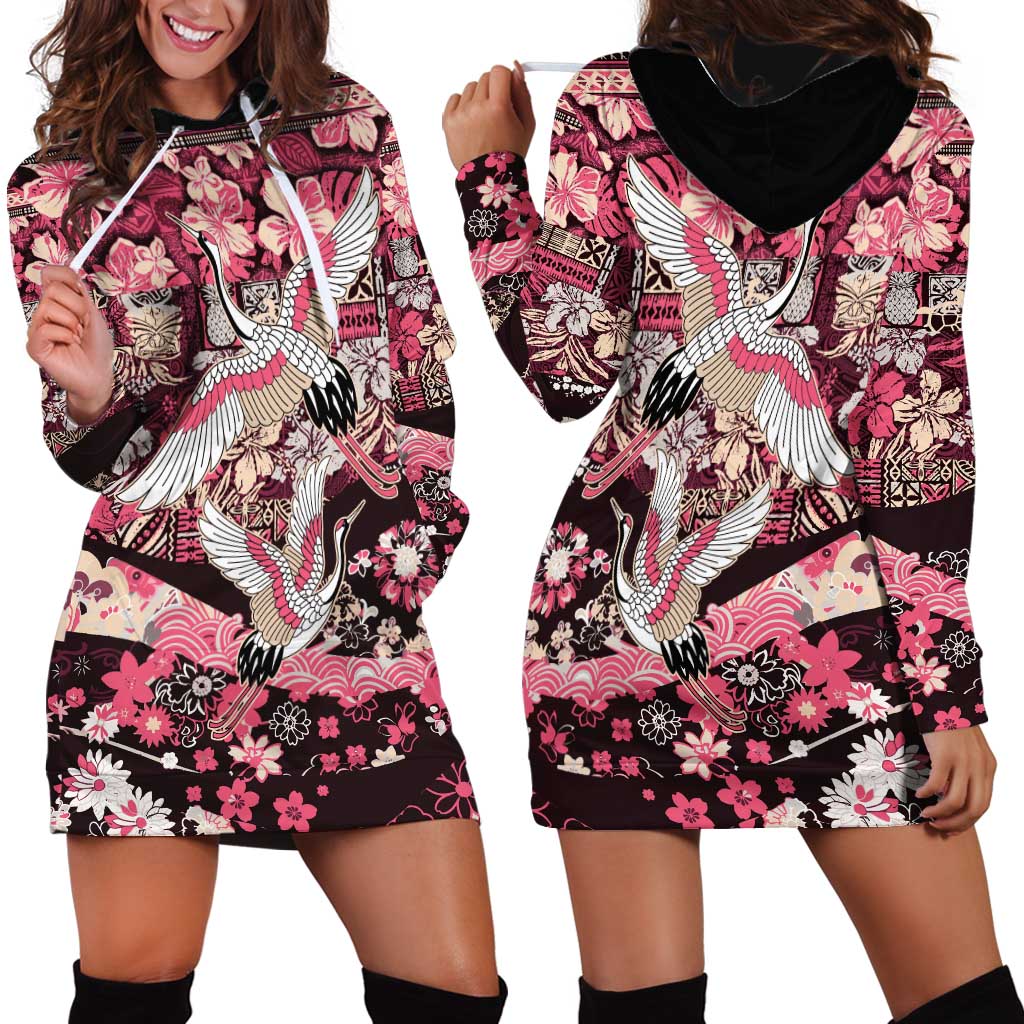 Japanese Hawaiian Crane Hoodie Dress Soft Pink Tapa Patchwork Pattern