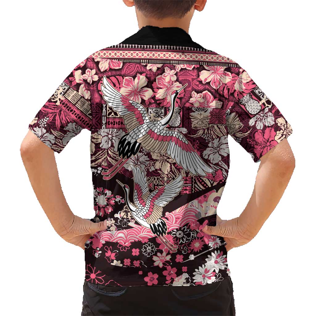 Japanese Hawaiian Crane Kid Hawaiian Shirt Soft Pink Tapa Patchwork Pattern