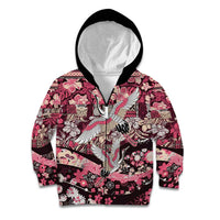 Japanese Hawaiian Crane Kid Hoodie Soft Pink Tapa Patchwork Pattern