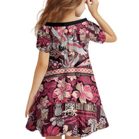 Japanese Hawaiian Crane Kid Short Sleeve Dress Soft Pink Tapa Patchwork Pattern