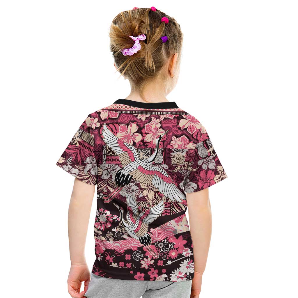 Japanese Hawaiian Crane Kid T Shirt Soft Pink Tapa Patchwork Pattern