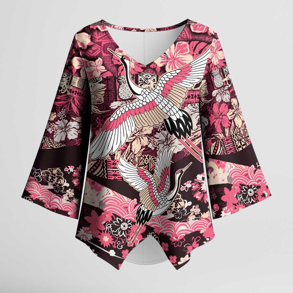 Japanese Hawaiian Crane Kimono Sleeve Blouse Soft Pink Tapa Patchwork Pattern