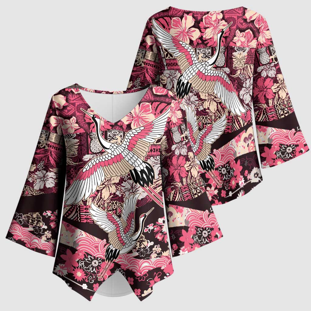 Japanese Hawaiian Crane Kimono Sleeve Blouse Soft Pink Tapa Patchwork Pattern
