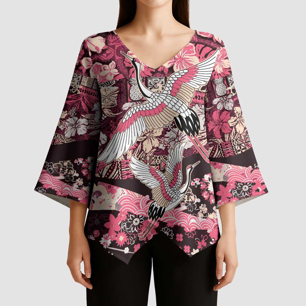Japanese Hawaiian Crane Kimono Sleeve Blouse Soft Pink Tapa Patchwork Pattern