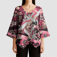 Japanese Hawaiian Crane Kimono Sleeve Blouse Soft Pink Tapa Patchwork Pattern