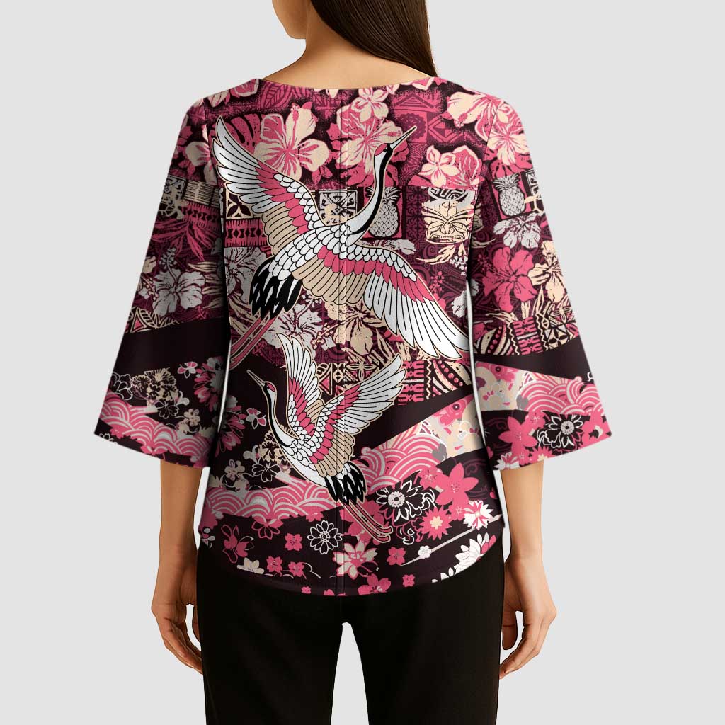 Japanese Hawaiian Crane Kimono Sleeve Blouse Soft Pink Tapa Patchwork Pattern