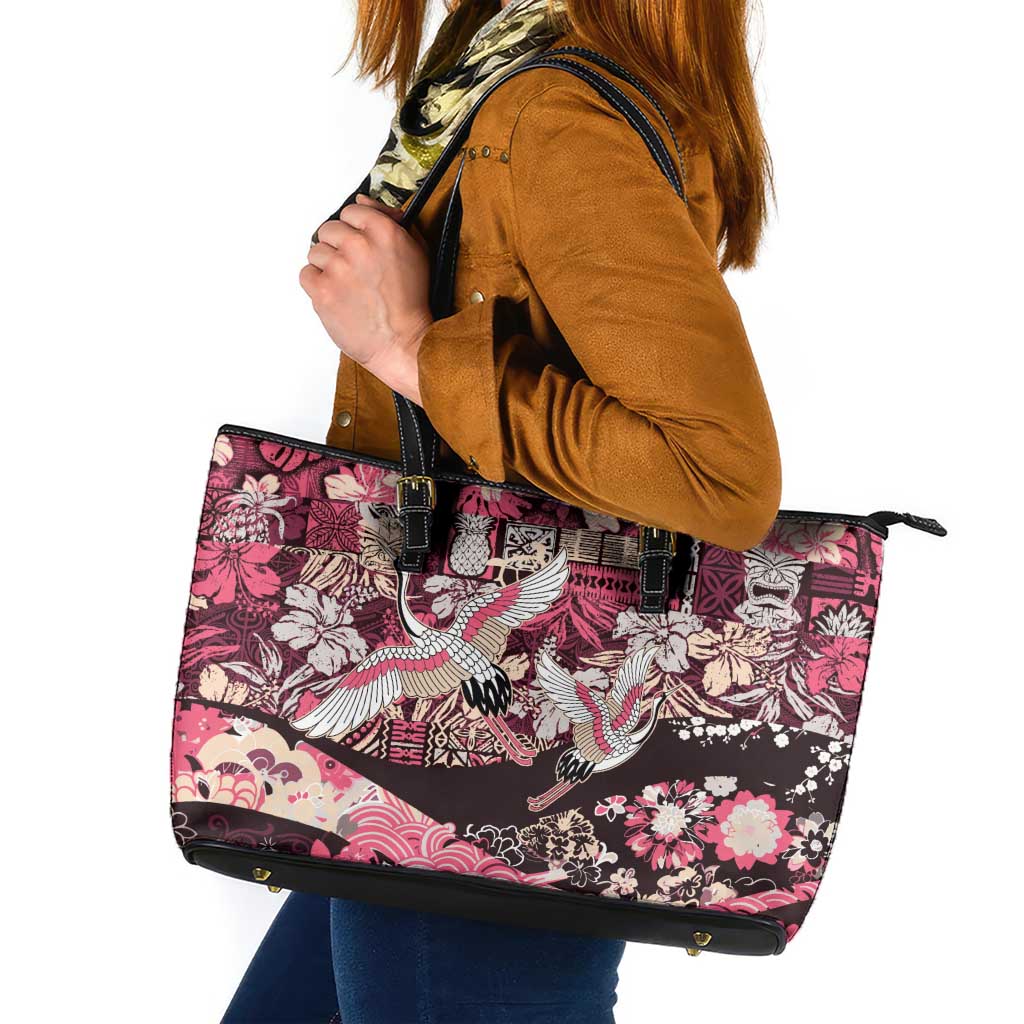 Japanese Hawaiian Crane Leather Tote Bag Soft Pink Tapa Patchwork Pattern