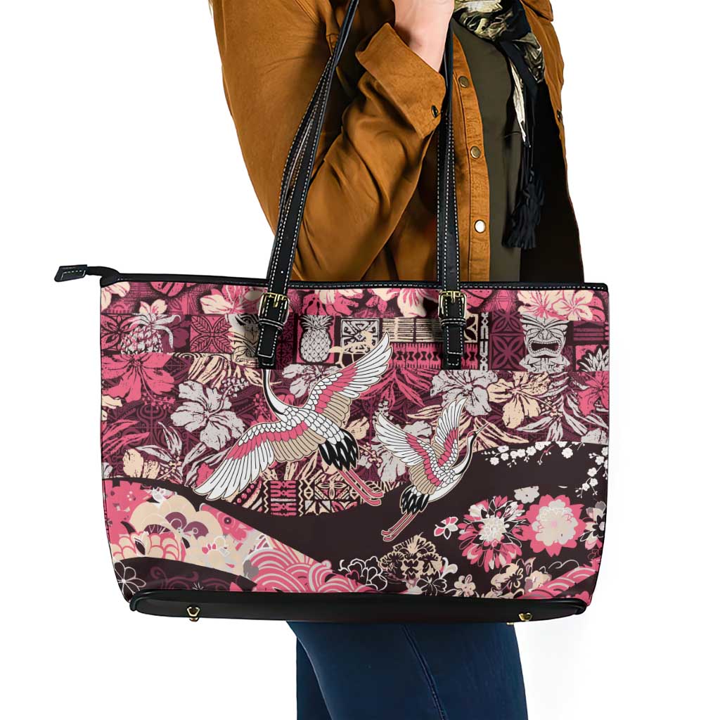Japanese Hawaiian Crane Leather Tote Bag Soft Pink Tapa Patchwork Pattern