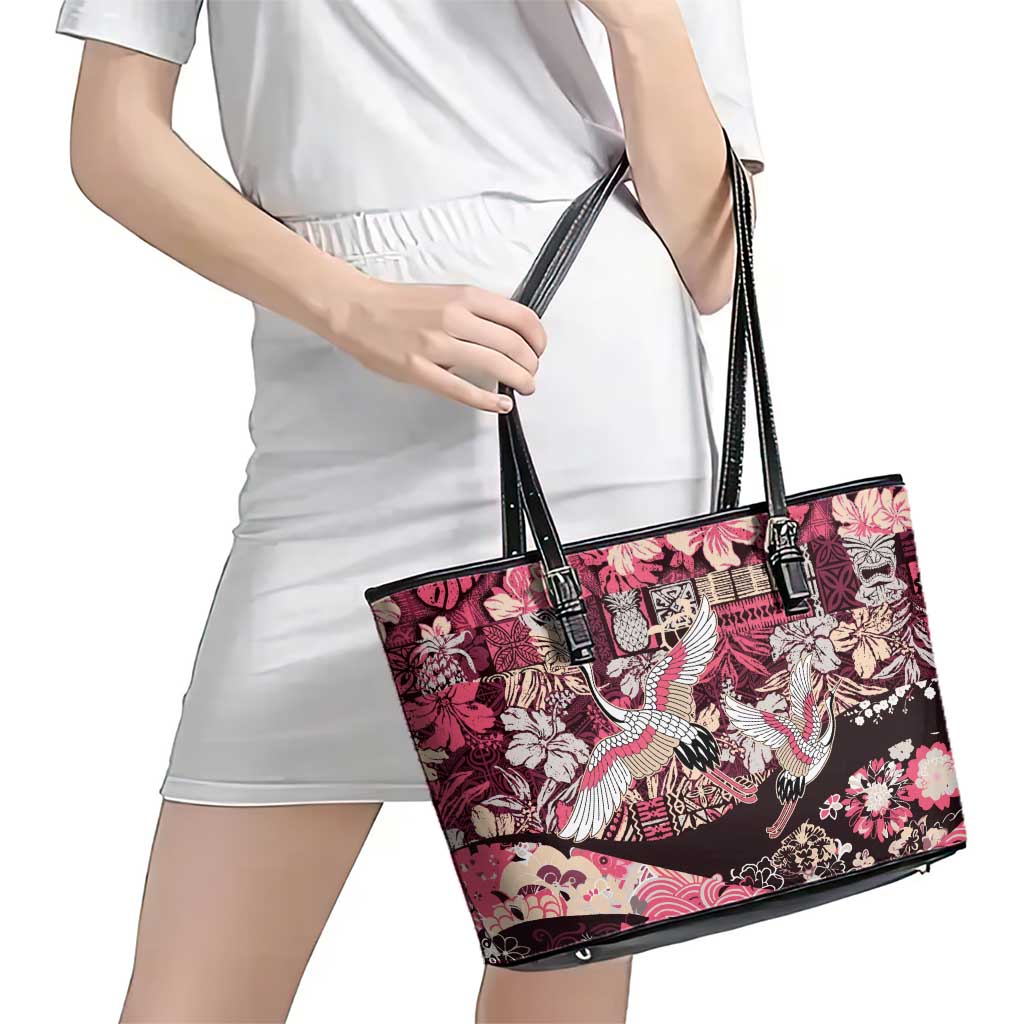 Japanese Hawaiian Crane Leather Tote Bag Soft Pink Tapa Patchwork Pattern