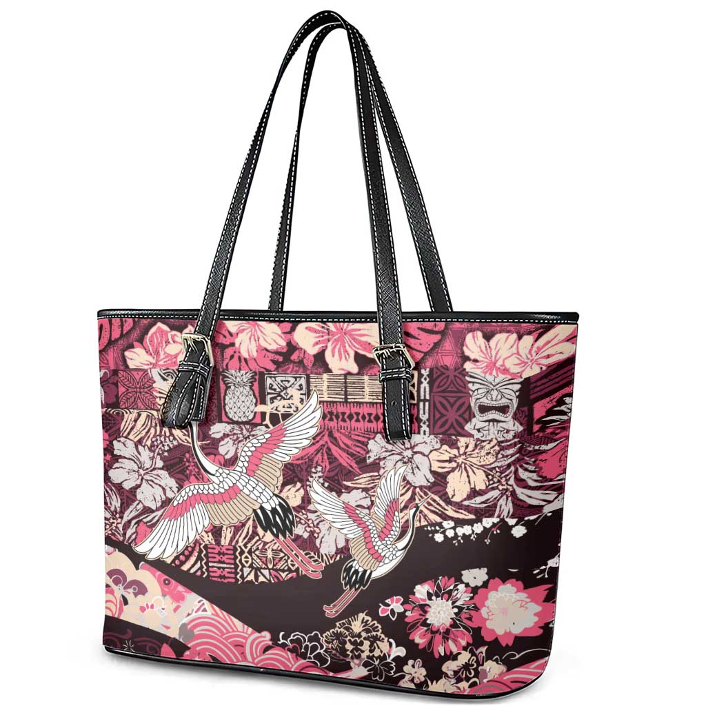 Japanese Hawaiian Crane Leather Tote Bag Soft Pink Tapa Patchwork Pattern