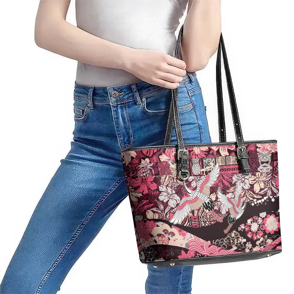 Japanese Hawaiian Crane Leather Tote Bag Soft Pink Tapa Patchwork Pattern