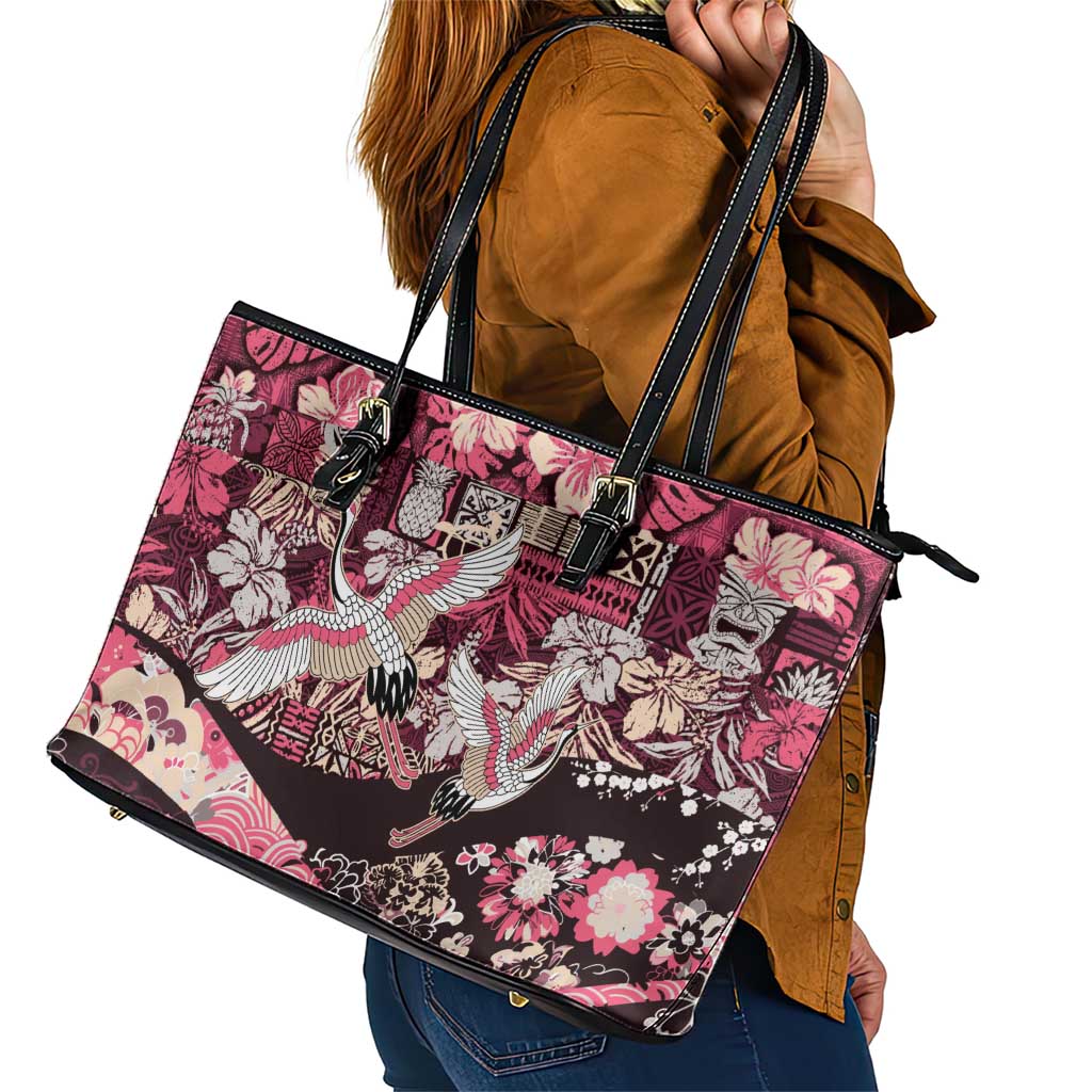 Japanese Hawaiian Crane Leather Tote Bag Soft Pink Tapa Patchwork Pattern