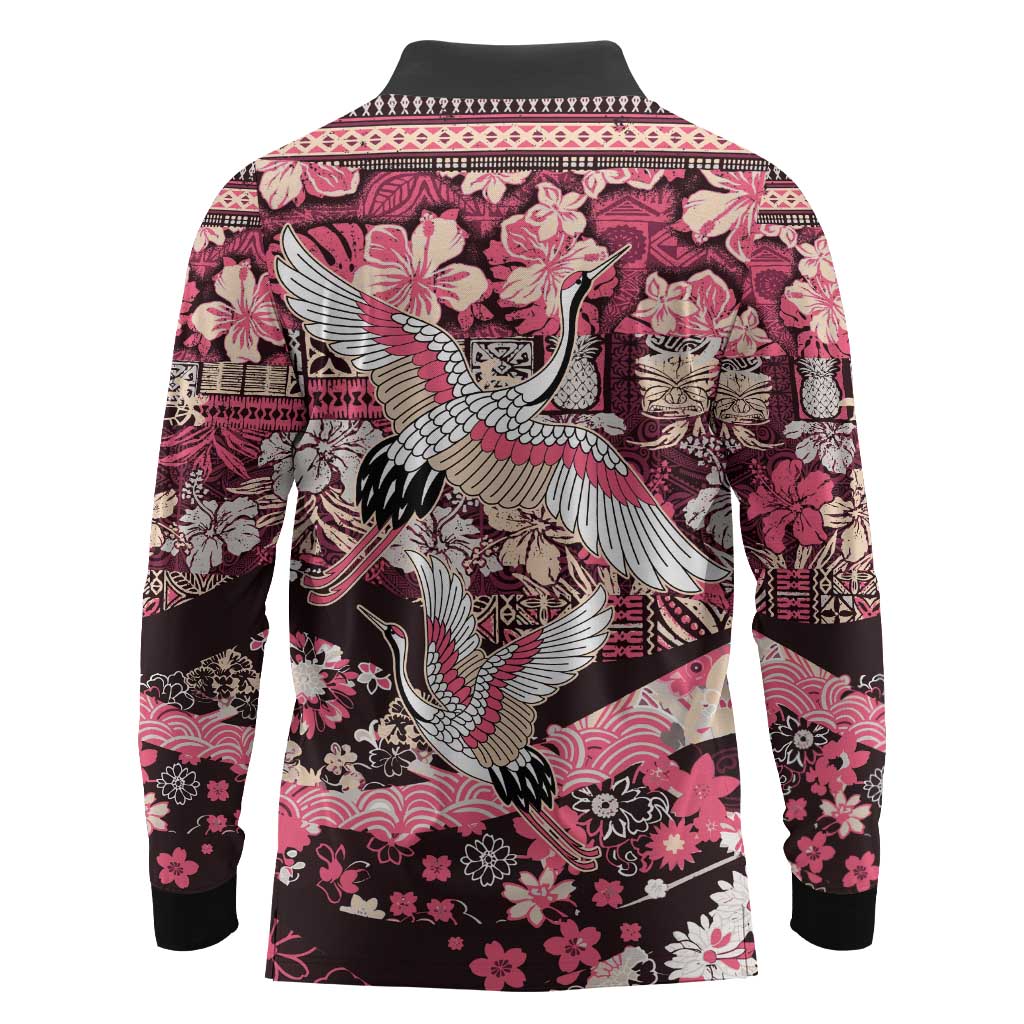 Japanese Hawaiian Crane Long Sleeve Polo Shirt Soft Pink Tapa Patchwork Pattern