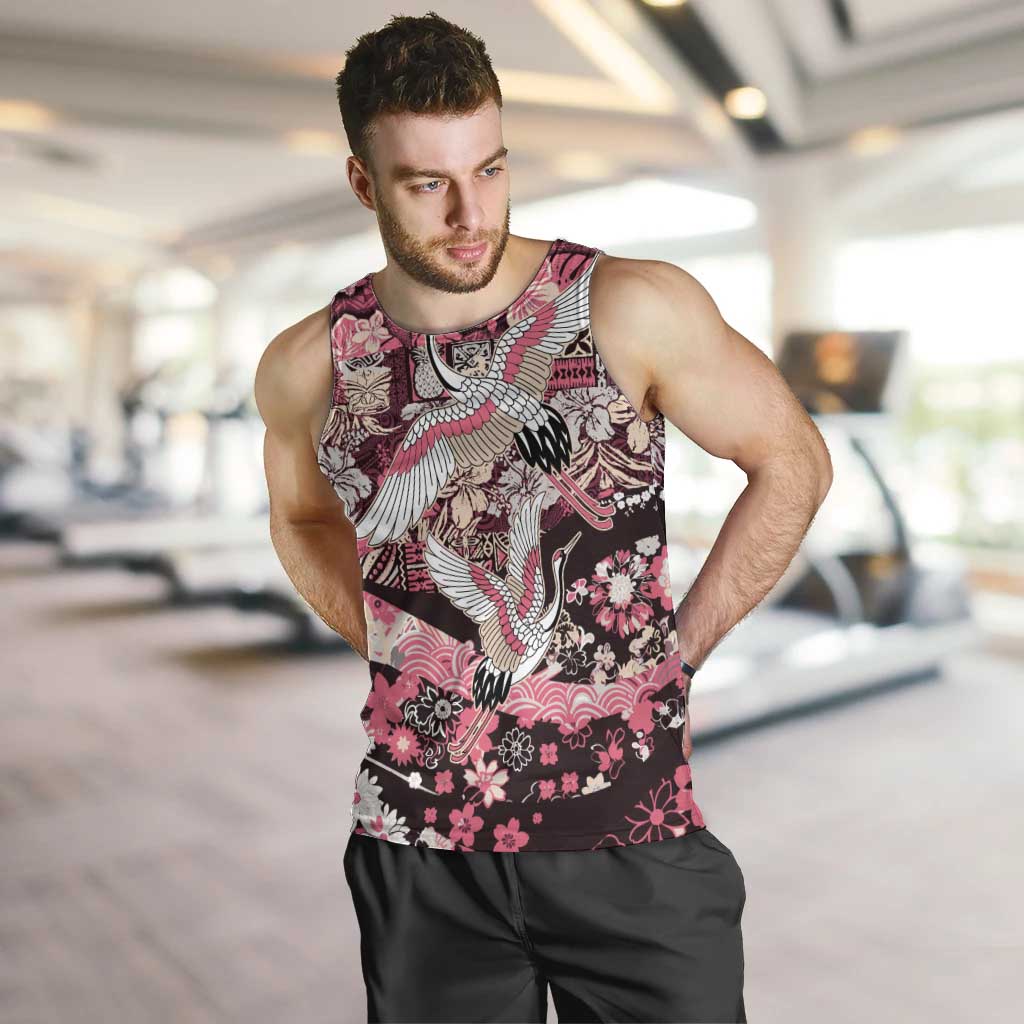 Japanese Hawaiian Crane Men Tank Top Soft Pink Tapa Patchwork Pattern