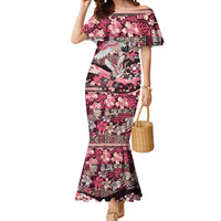 Japanese Hawaiian Crane Mermaid Dress Soft Pink Tapa Patchwork Pattern