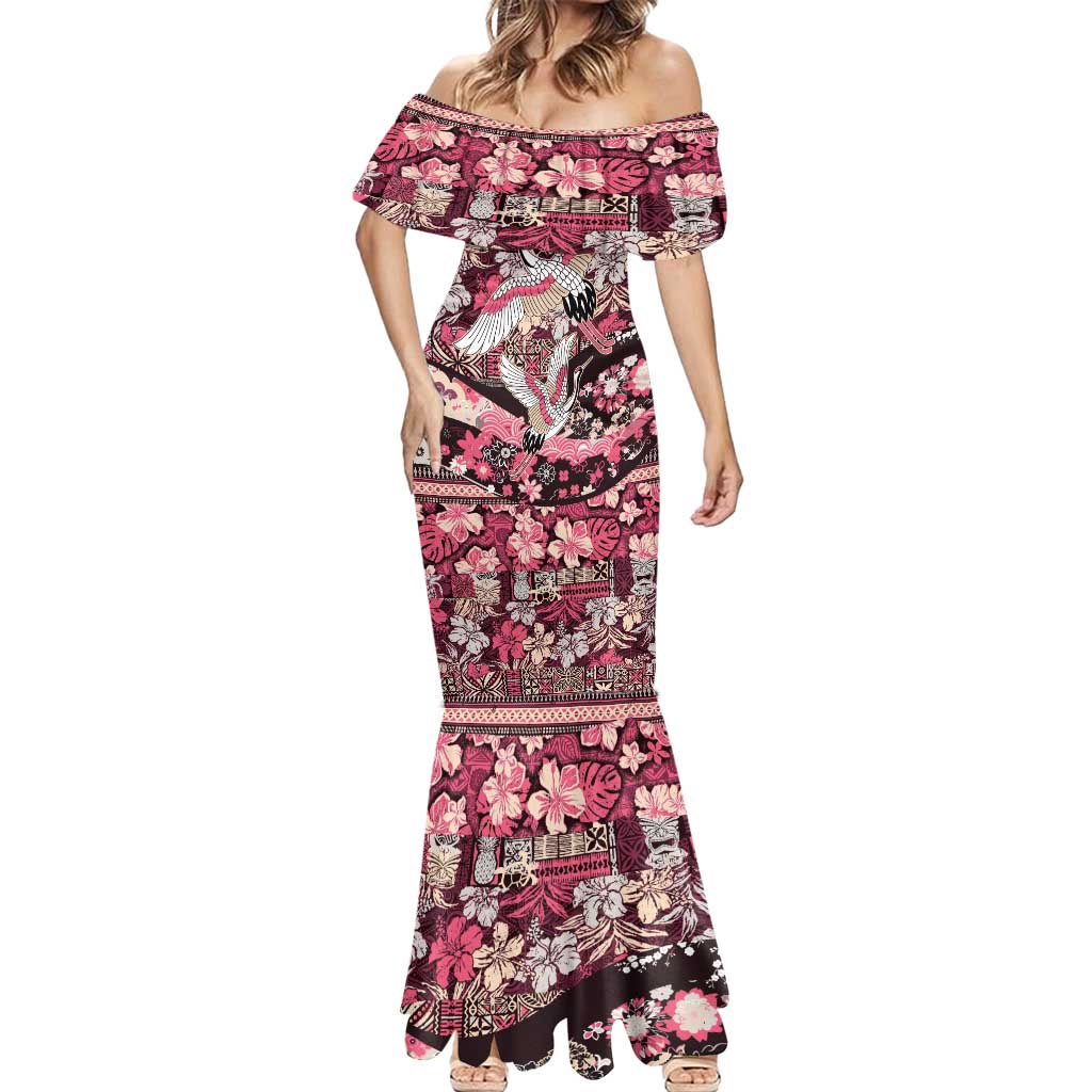 Japanese Hawaiian Crane Mermaid Dress Soft Pink Tapa Patchwork Pattern