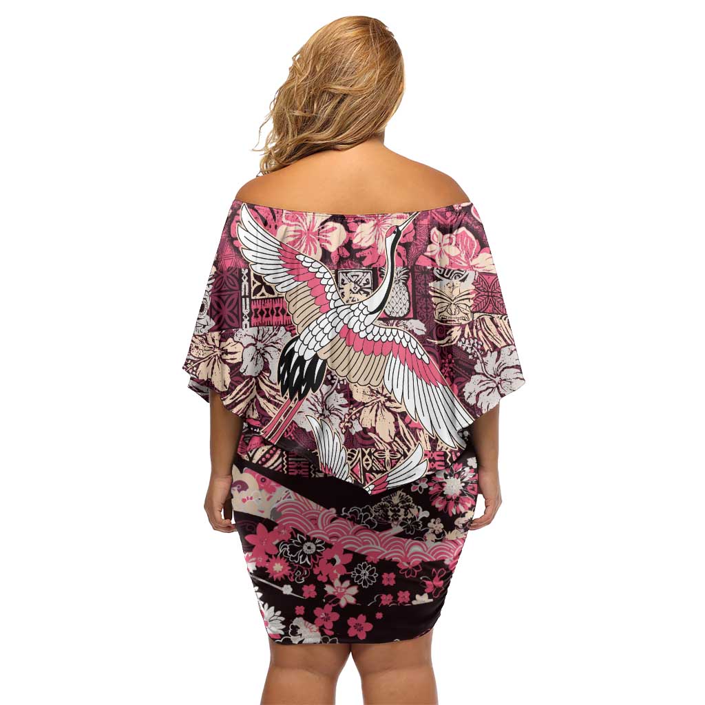 Japanese Hawaiian Crane Off Shoulder Short Dress Soft Pink Tapa Patchwork Pattern