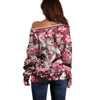 Japanese Hawaiian Crane Off Shoulder Sweater Soft Pink Tapa Patchwork Pattern