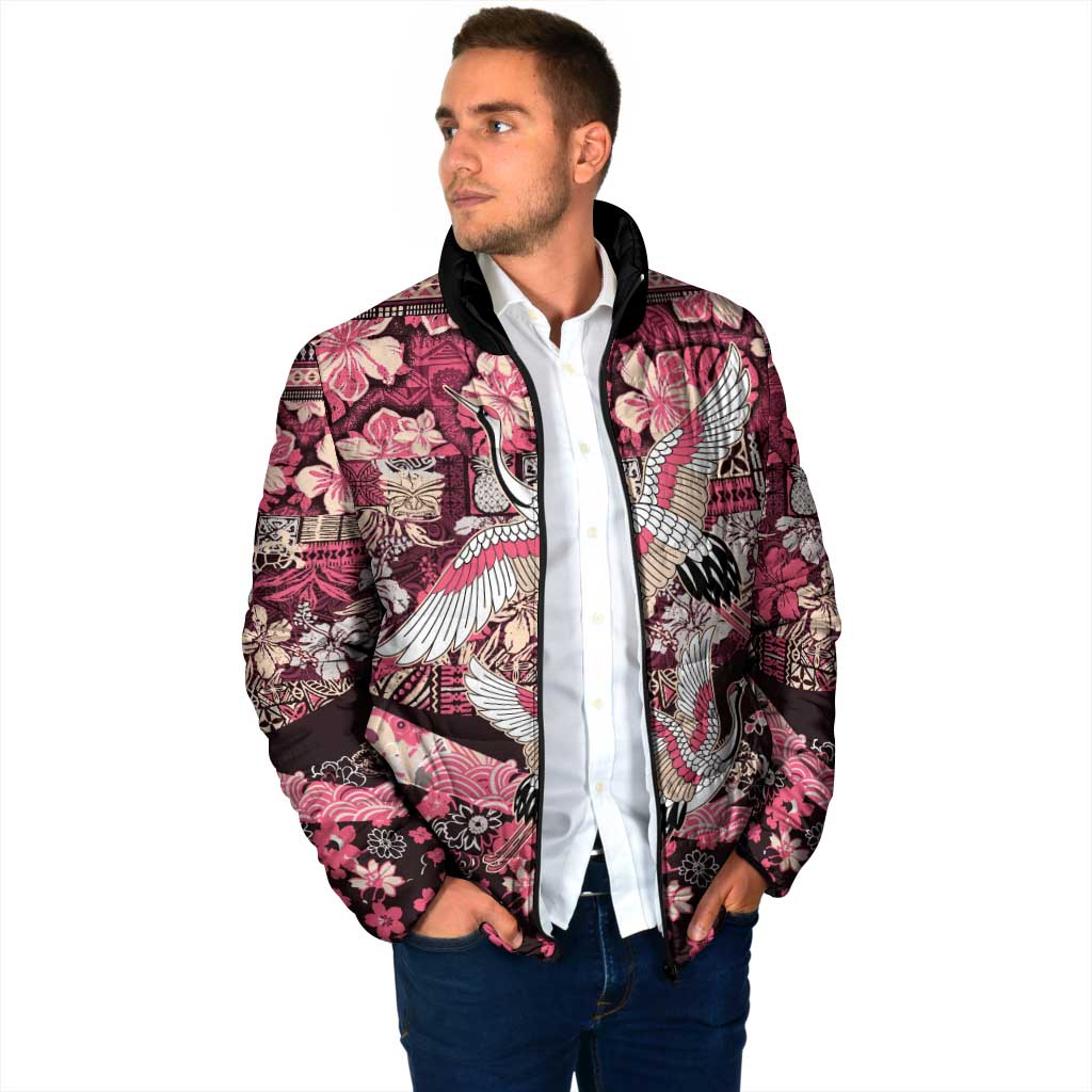 Japanese Hawaiian Crane Padded Jacket Soft Pink Tapa Patchwork Pattern
