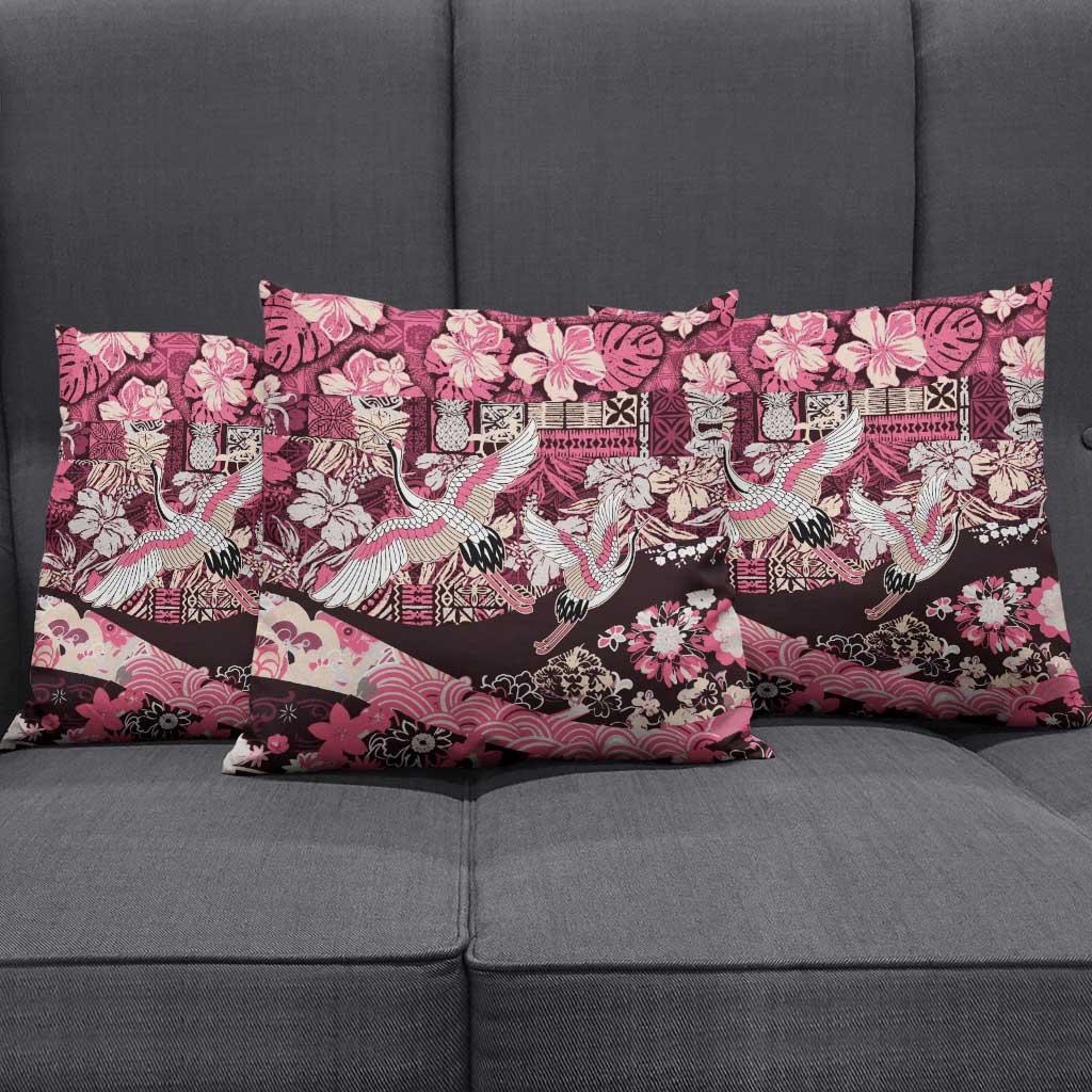 Japanese Hawaiian Crane Pillow Cover Soft Pink Tapa Patchwork Pattern