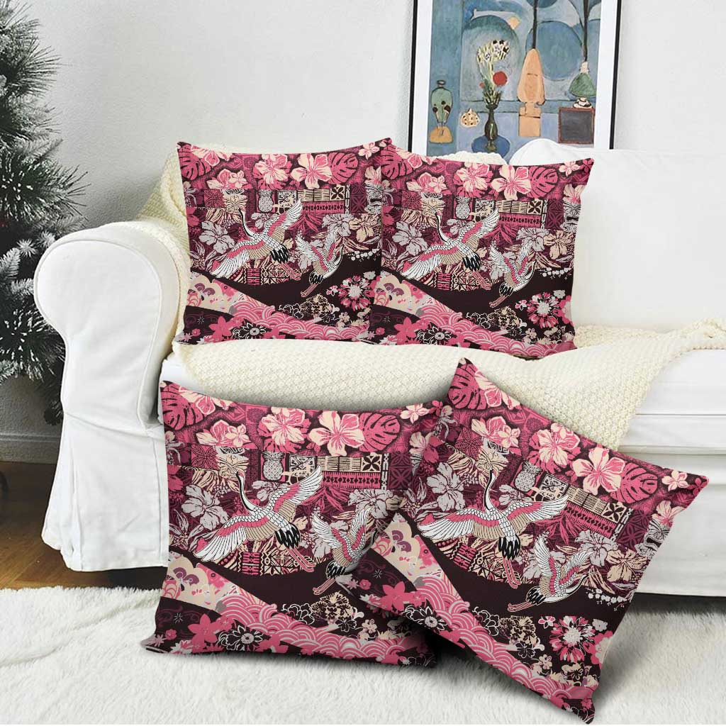 Japanese Hawaiian Crane Pillow Cover Soft Pink Tapa Patchwork Pattern
