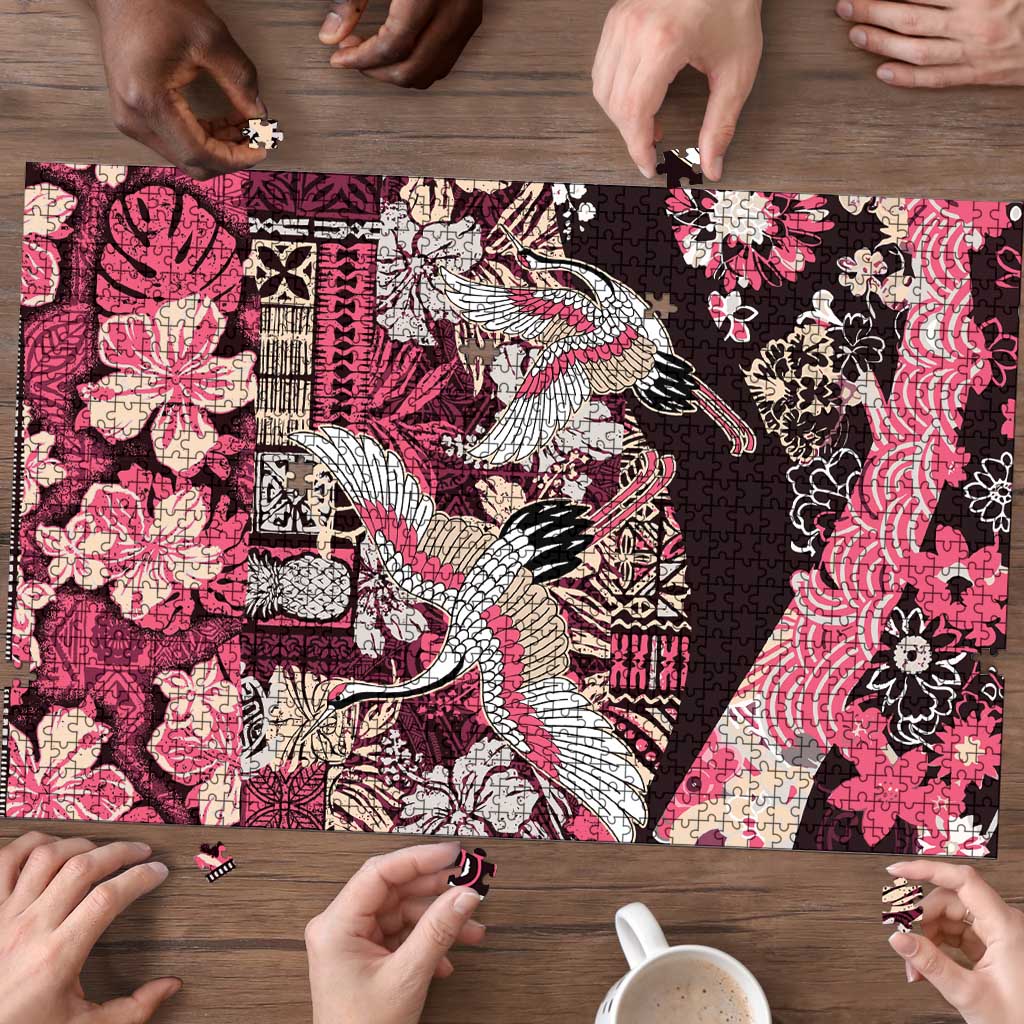 Japanese Hawaiian Crane Puzzle Soft Pink Tapa Patchwork Pattern