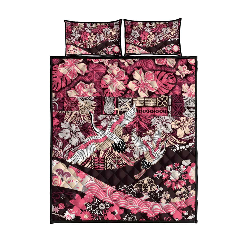Japanese Hawaiian Crane Quilt Bed Set Soft Pink Tapa Patchwork Pattern