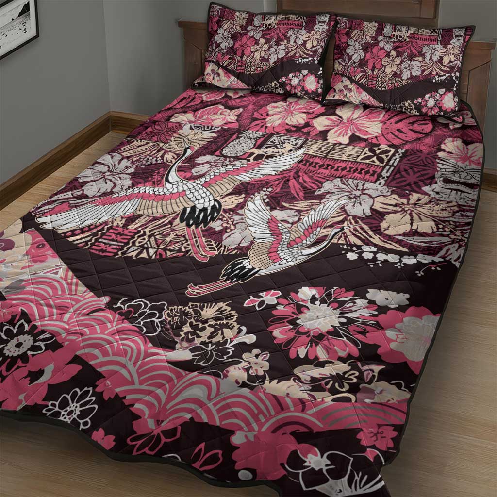 Japanese Hawaiian Crane Quilt Bed Set Soft Pink Tapa Patchwork Pattern