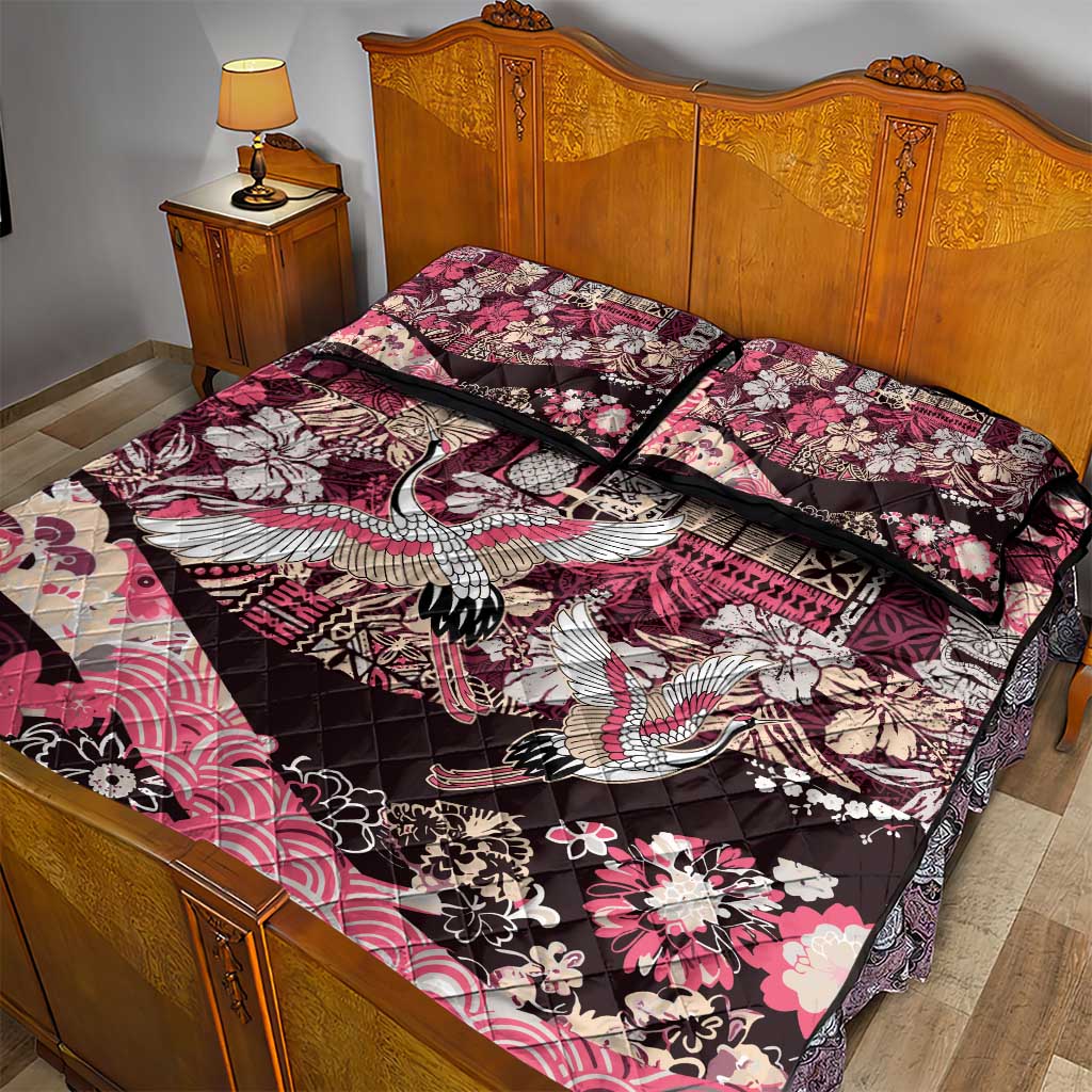 Japanese Hawaiian Crane Quilt Bed Set Soft Pink Tapa Patchwork Pattern