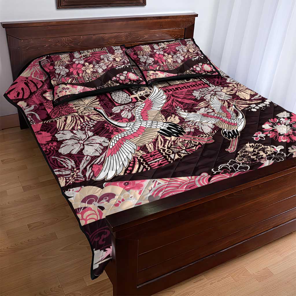 Japanese Hawaiian Crane Quilt Bed Set Soft Pink Tapa Patchwork Pattern