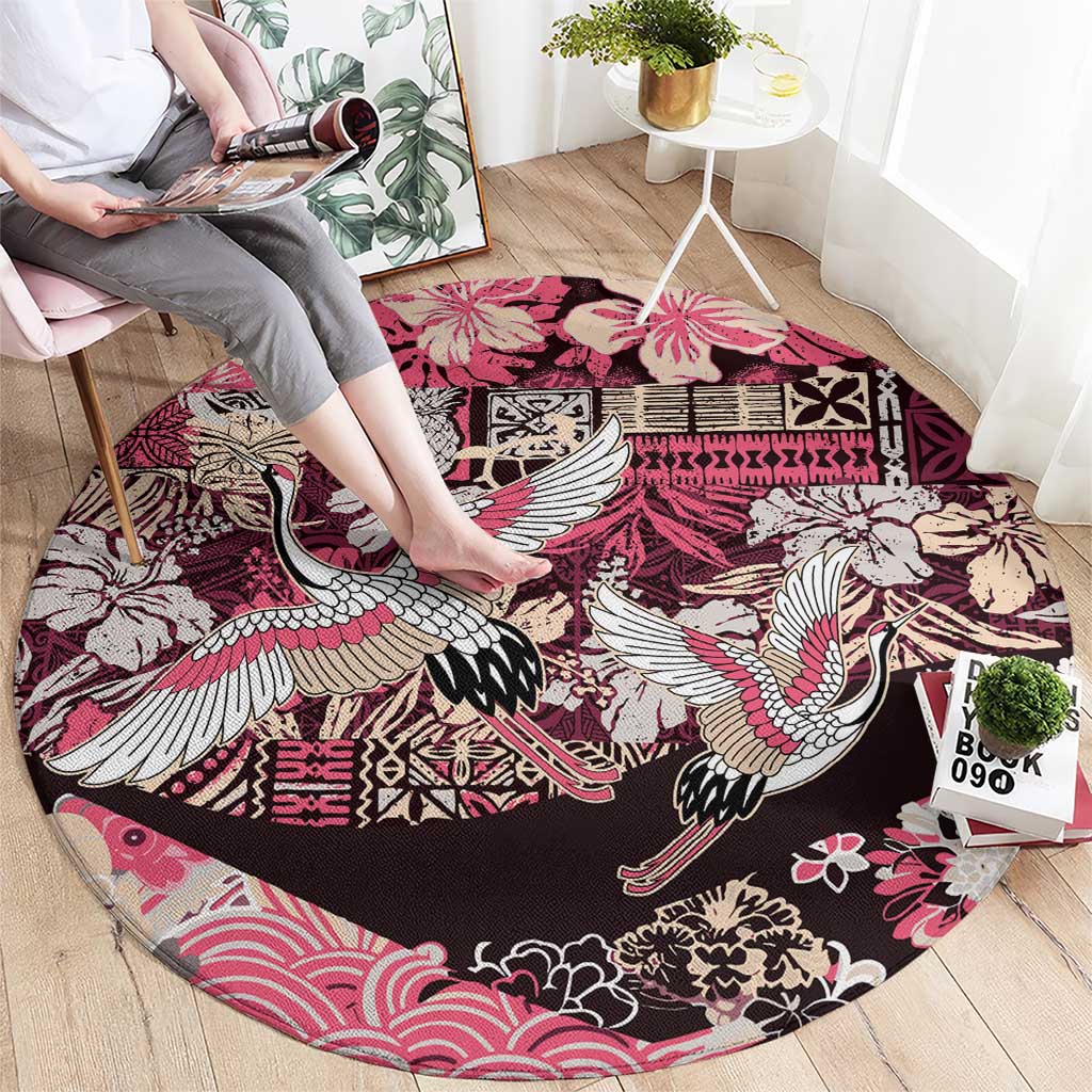 Japanese Hawaiian Crane Round Carpet Soft Pink Tapa Patchwork Pattern