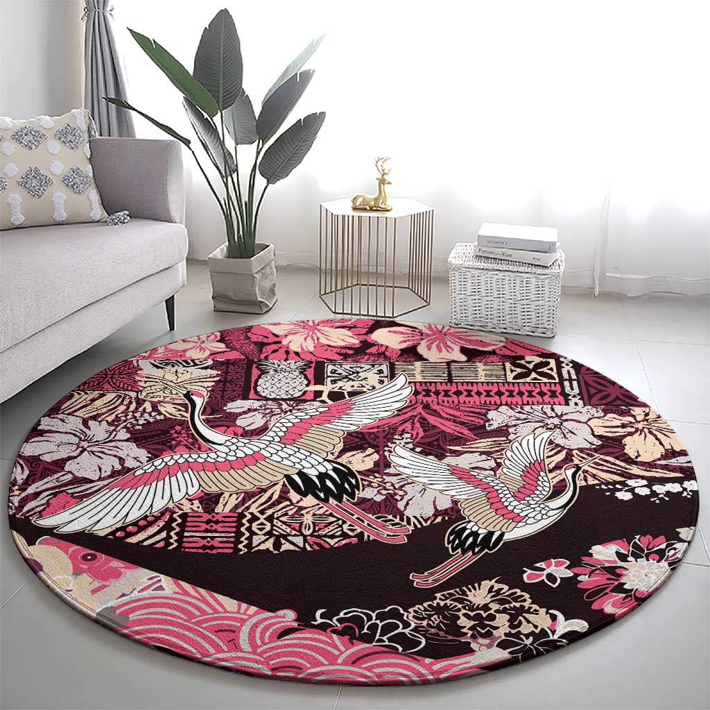 Japanese Hawaiian Crane Round Carpet Soft Pink Tapa Patchwork Pattern