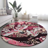 Japanese Hawaiian Crane Round Carpet Soft Pink Tapa Patchwork Pattern