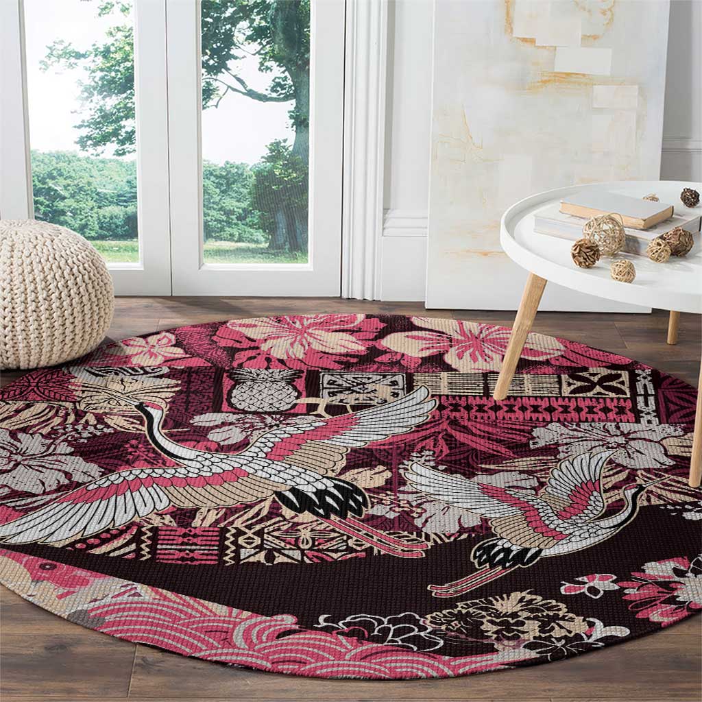 Japanese Hawaiian Crane Round Carpet Soft Pink Tapa Patchwork Pattern