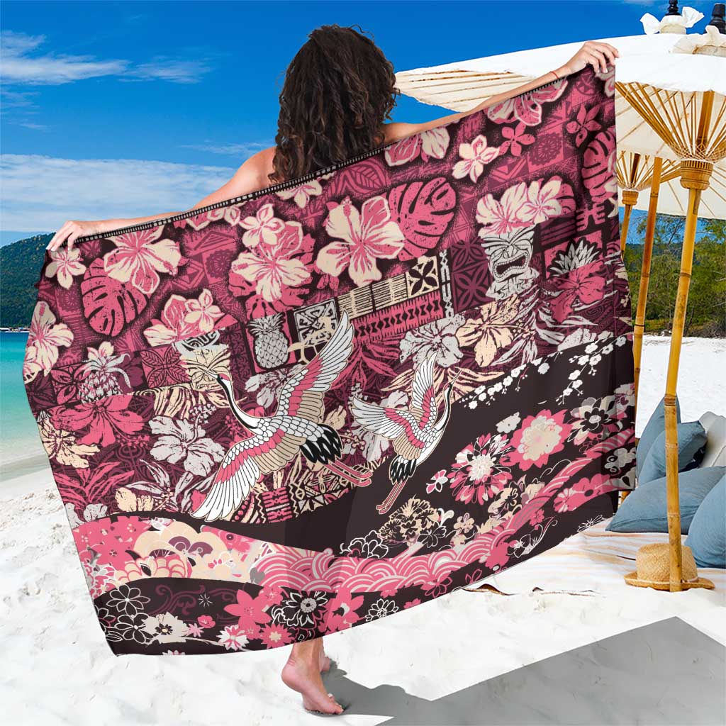 Japanese Hawaiian Crane Sarong Soft Pink Tapa Patchwork Pattern
