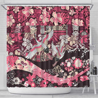 Japanese Hawaiian Crane Shower Curtain Soft Pink Tapa Patchwork Pattern