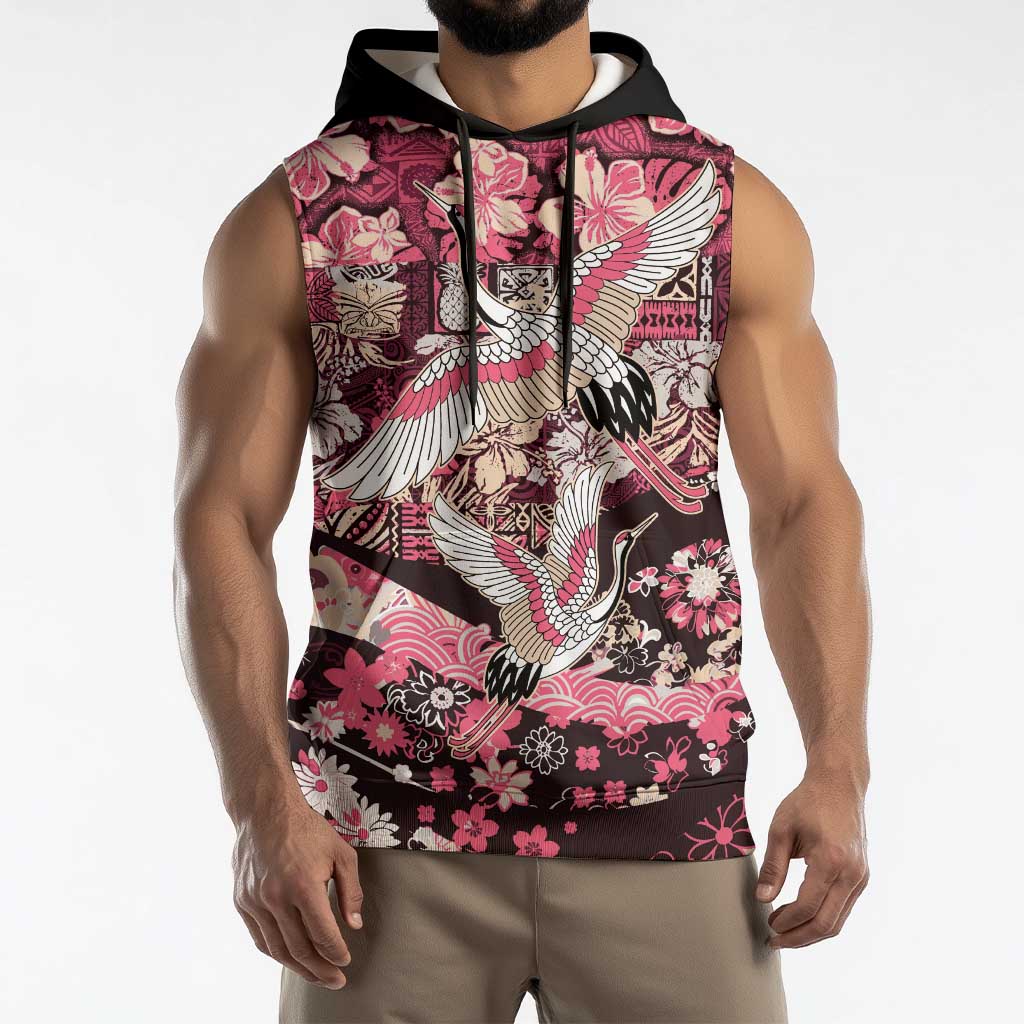 Japanese Hawaiian Crane Sleeveless Hoodie Soft Pink Tapa Patchwork Pattern