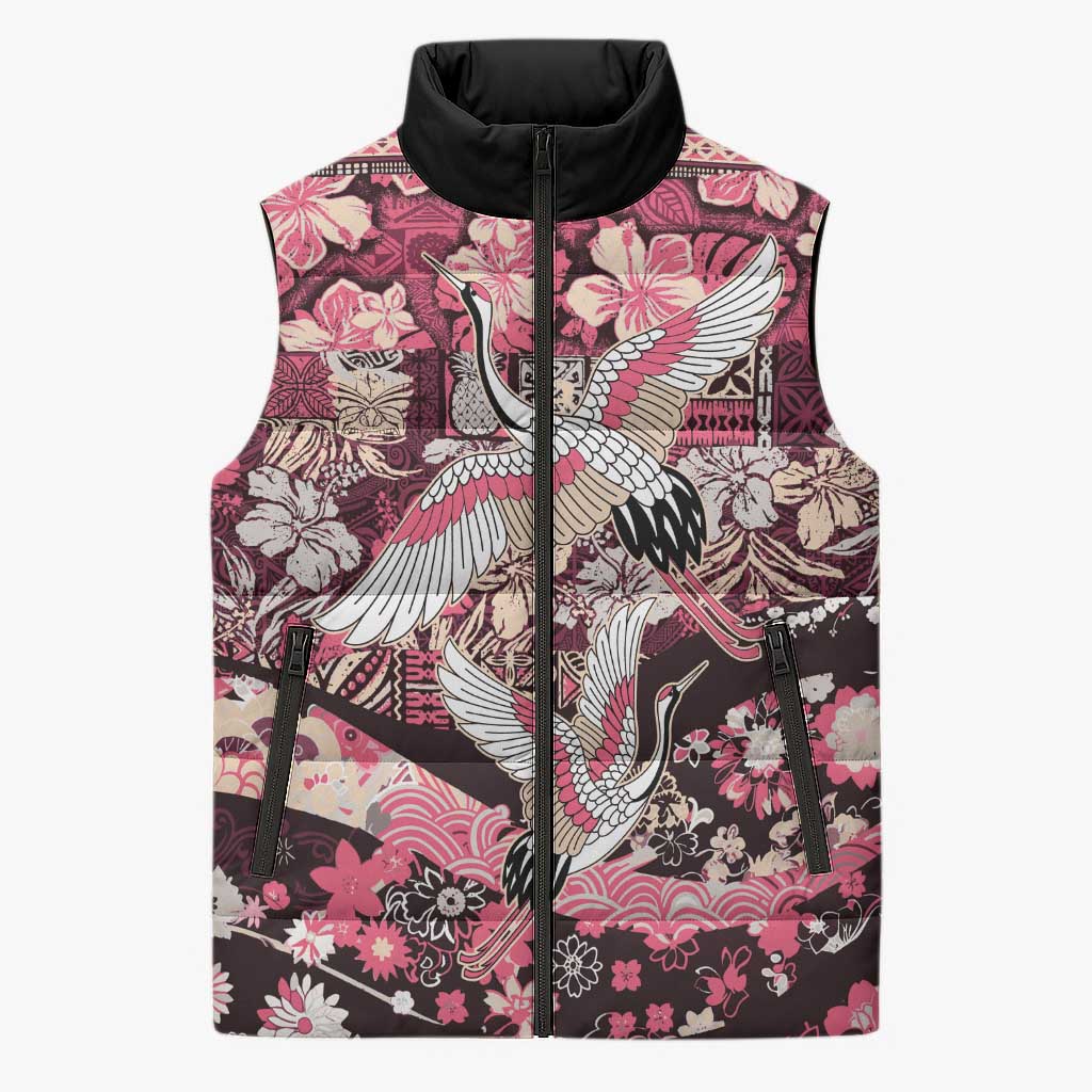 Japanese Hawaiian Crane Sleeveless Puffer Jacket Soft Pink Tapa Patchwork Pattern
