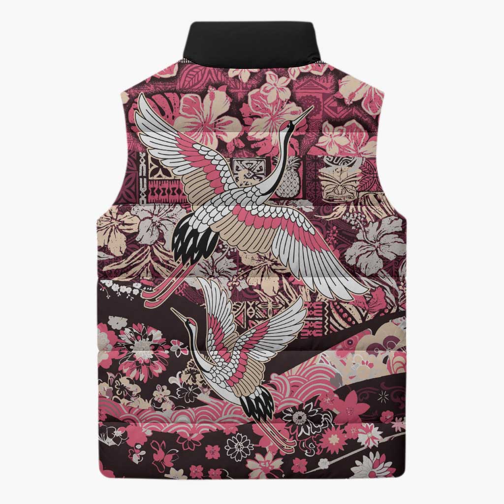 Japanese Hawaiian Crane Sleeveless Puffer Jacket Soft Pink Tapa Patchwork Pattern