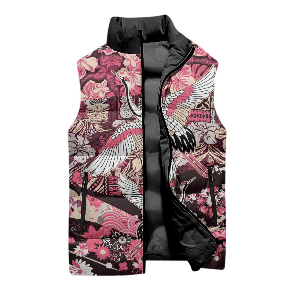 Japanese Hawaiian Crane Sleeveless Puffer Jacket Soft Pink Tapa Patchwork Pattern