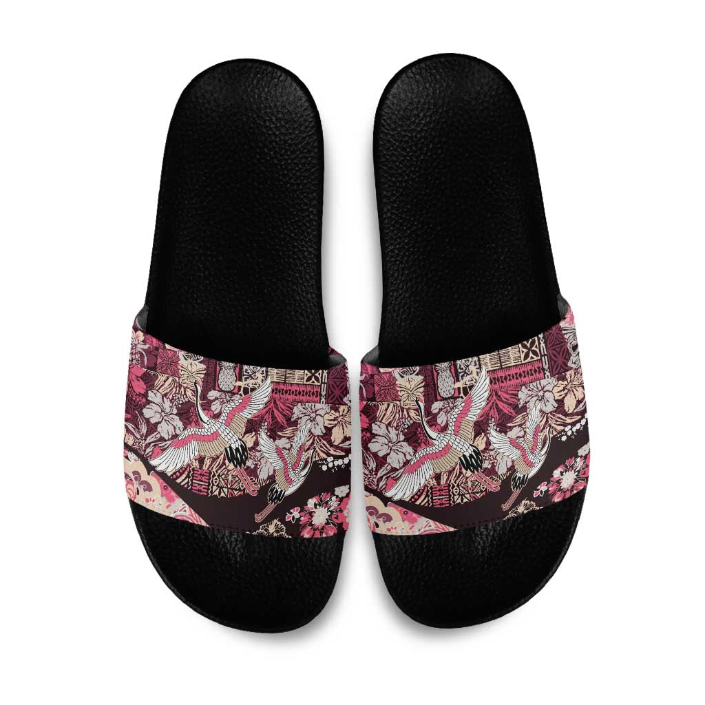 Japanese Hawaiian Crane Slide Sandals Soft Pink Tapa Patchwork Pattern
