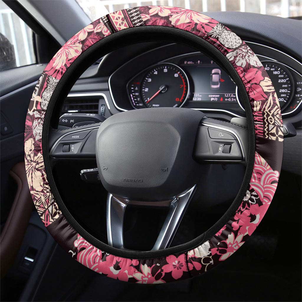 Japanese Hawaiian Crane Steering Wheel Cover Soft Pink Tapa Patchwork Pattern