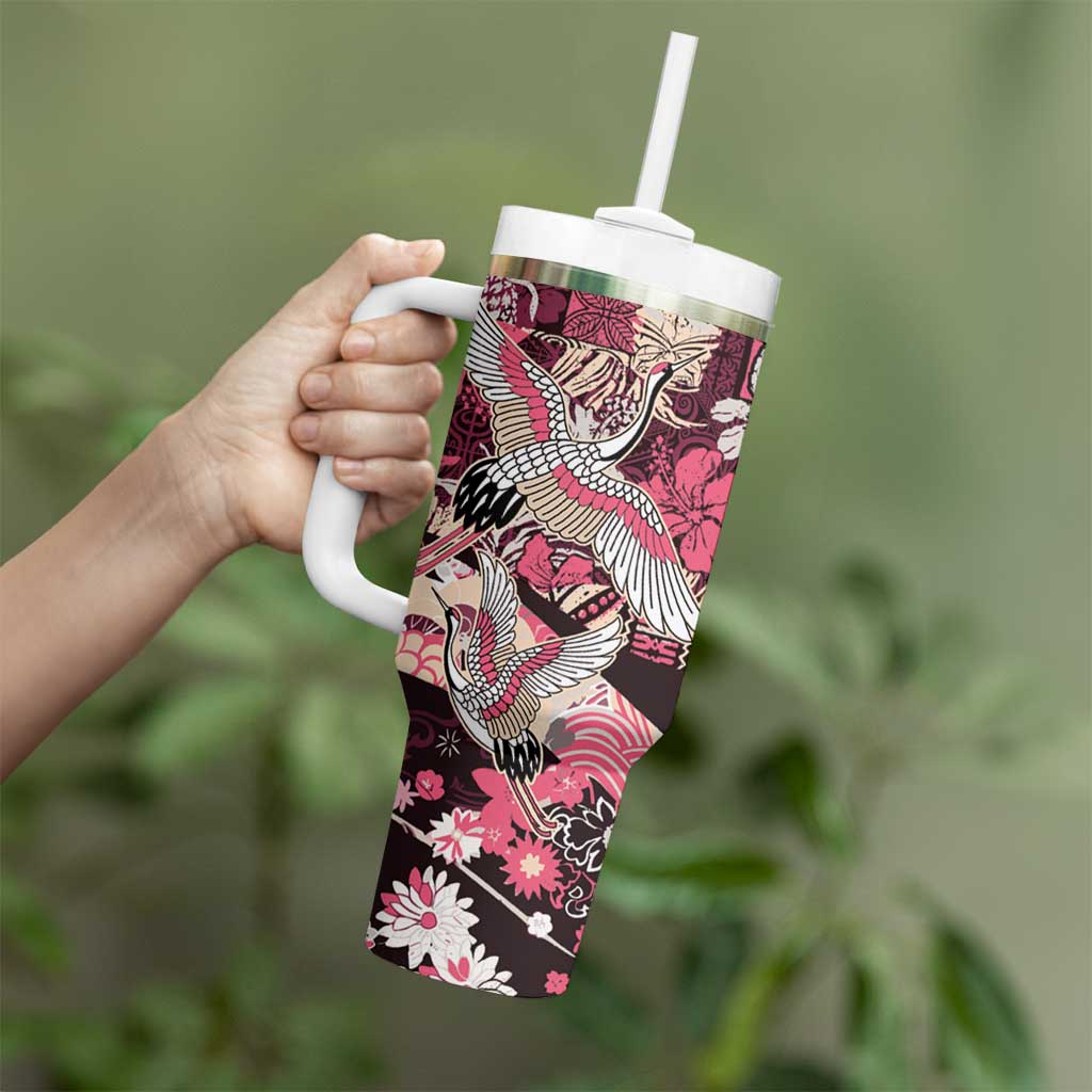 Japanese Hawaiian Crane Tumbler With Handle Soft Pink Tapa Patchwork Pattern