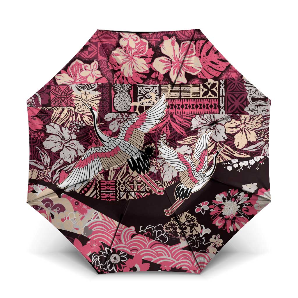 Japanese Hawaiian Crane Umbrella Soft Pink Tapa Patchwork Pattern