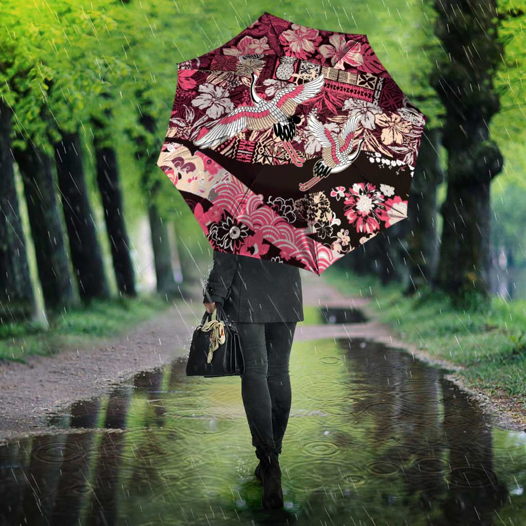 Japanese Hawaiian Crane Umbrella Soft Pink Tapa Patchwork Pattern