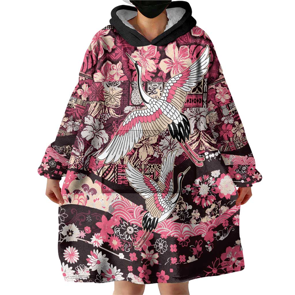 Japanese Hawaiian Crane Wearable Blanket Hoodie Soft Pink Tapa Patchwork Pattern