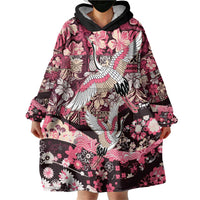 Japanese Hawaiian Crane Wearable Blanket Hoodie Soft Pink Tapa Patchwork Pattern