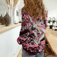 Japanese Hawaiian Crane Women Casual Shirt Soft Pink Tapa Patchwork Pattern