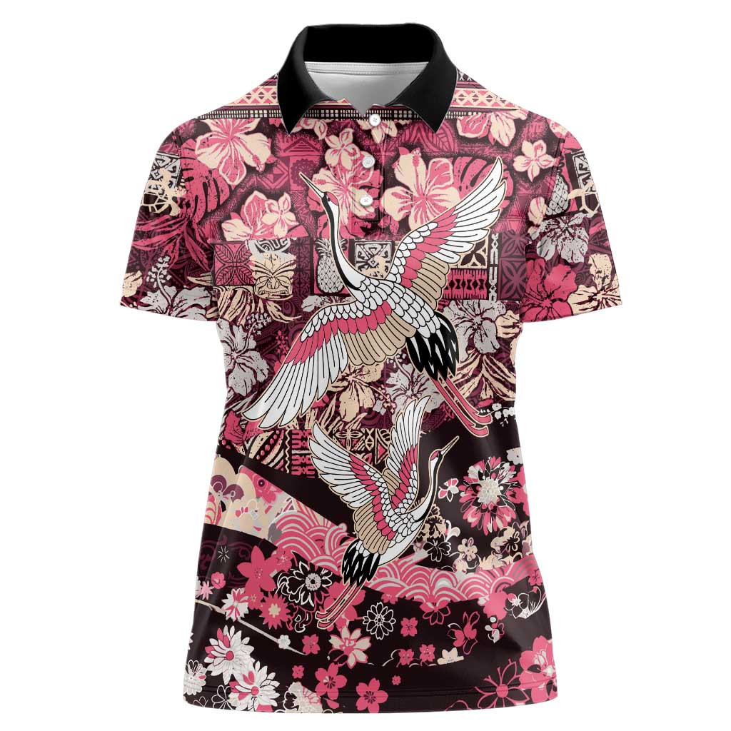 Japanese Hawaiian Crane Women Polo Shirt Soft Pink Tapa Patchwork Pattern