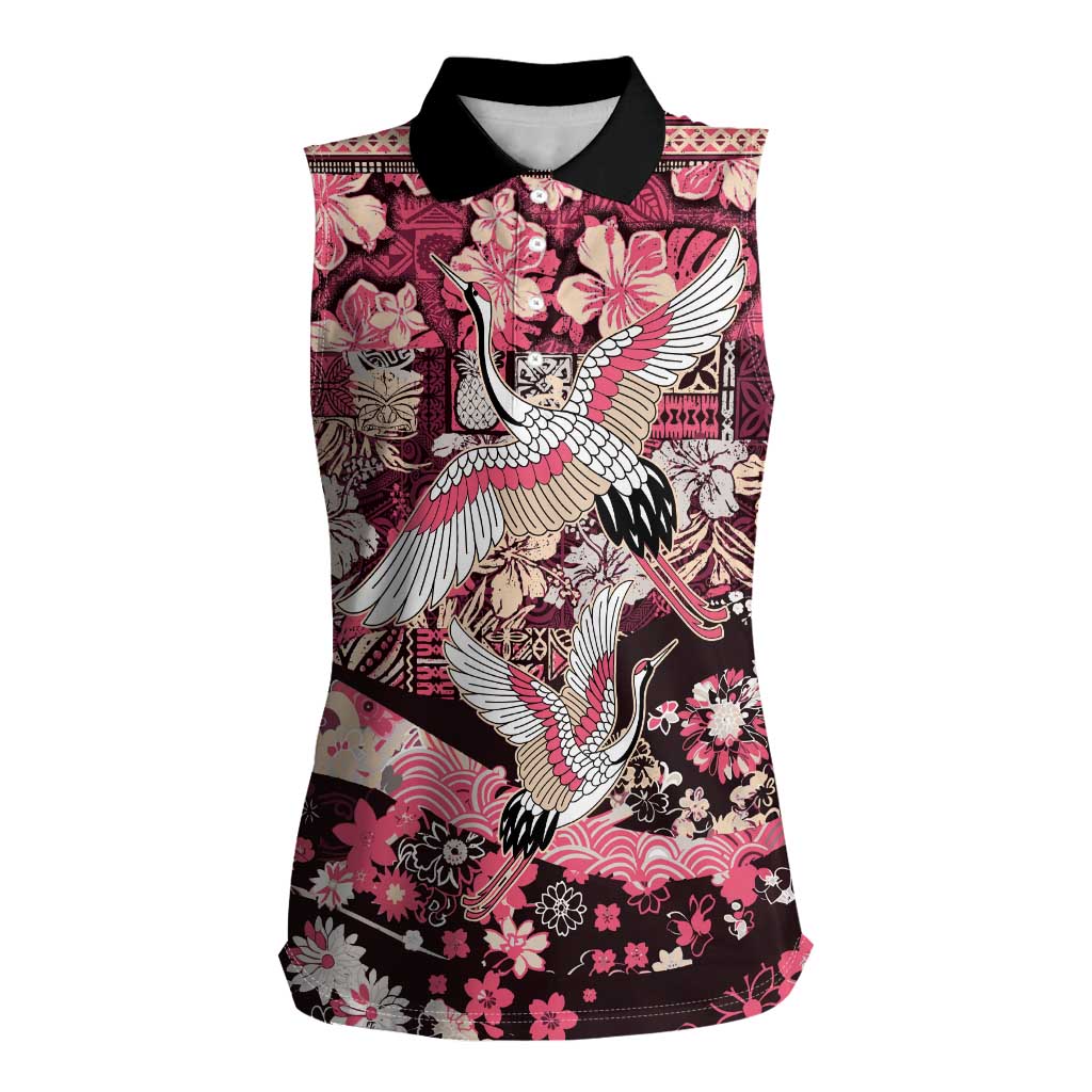 Japanese Hawaiian Crane Women Sleeveless Polo Shirt Soft Pink Tapa Patchwork Pattern